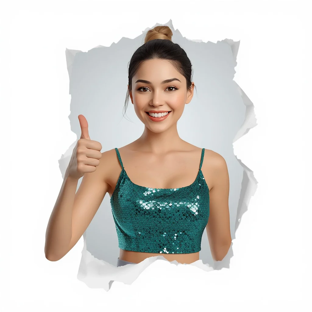 A Cheerful Woman Giving Thumbs-Up in a Glimmering Teal Sequin Top