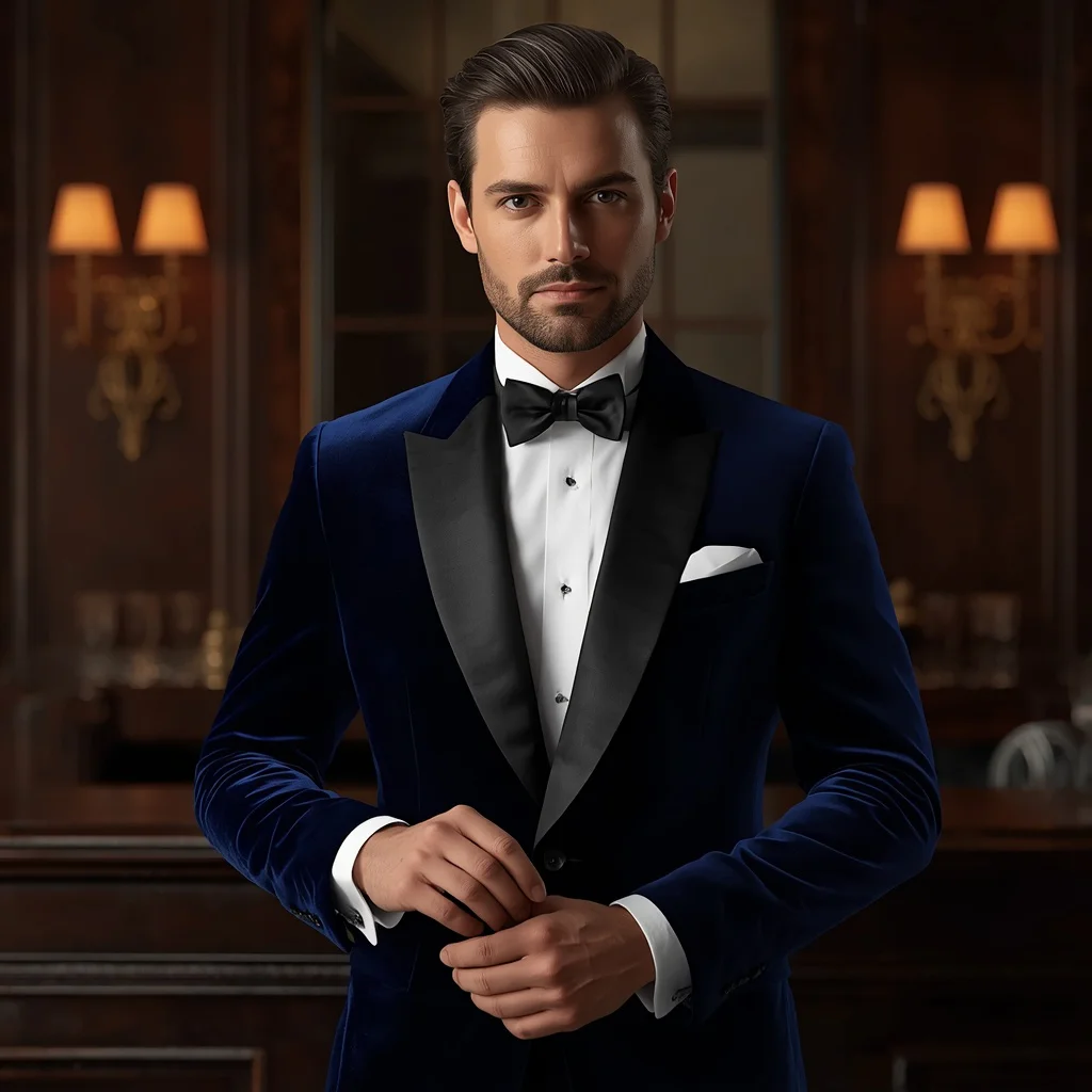 A Dapper Man in a Velvet Navy Tuxedo with Bowtie | Boys prompt stylish