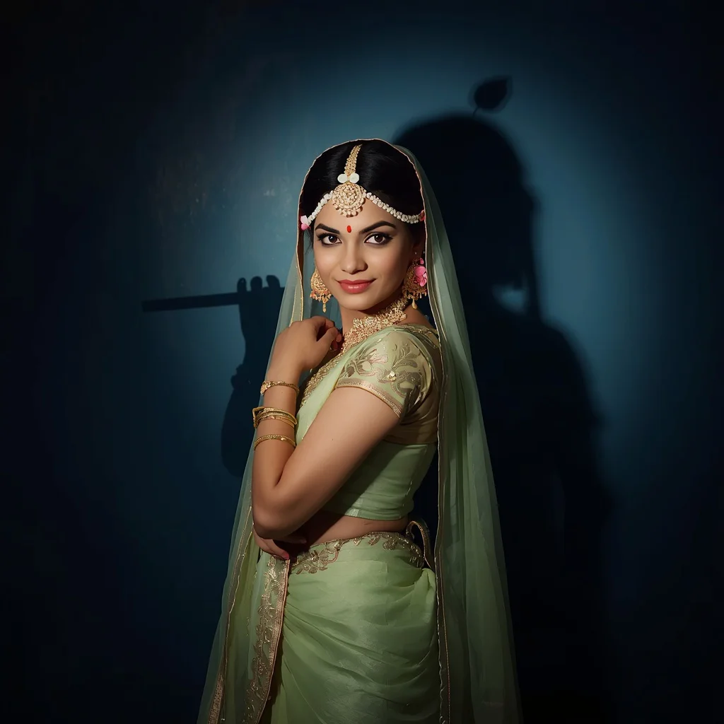 A Devotional Radha Portrait with Krishna’s Shadow Silhouette | chatgpt photo editing prompts trending instagram for girl