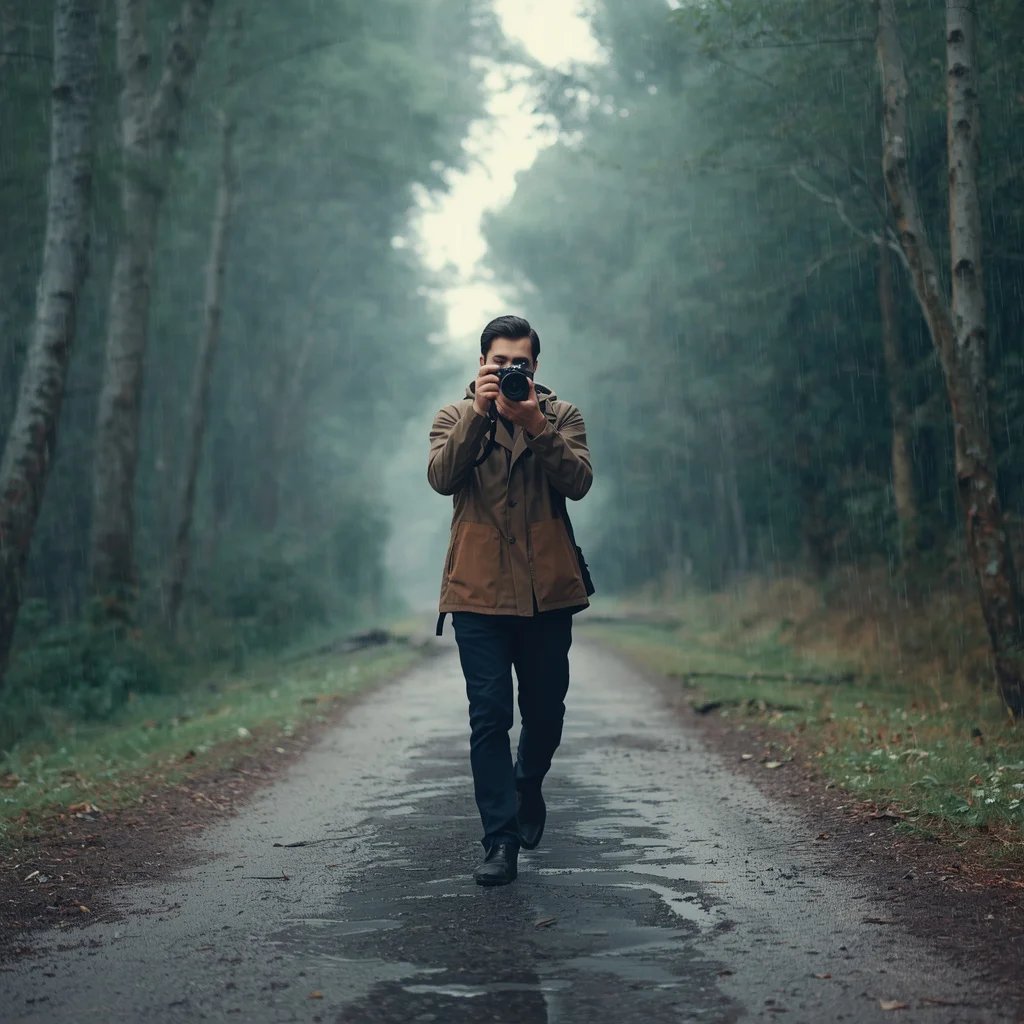 A Double Exposure of a Photographer in a Rainy Woodland Scene | Traditional boy prompt ai photo