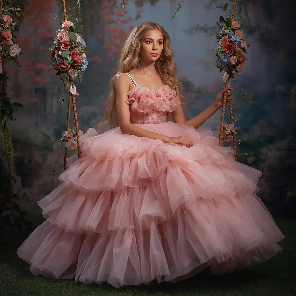 A Dreamy Girl in a Pastel Ruffle Tulle Gown | whatsapp dp ai prompt