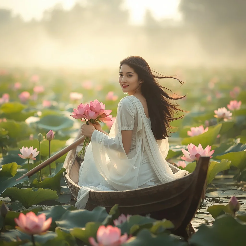 A Dreamy Portrait of a Serene Woman in a Lotus Boat | ChatGPT photo editing prompts for girl copy paste