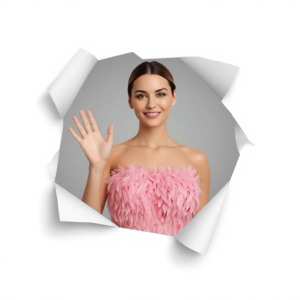 A Friendly Woman Waving in a Playful Pink Feathered Mini Dress