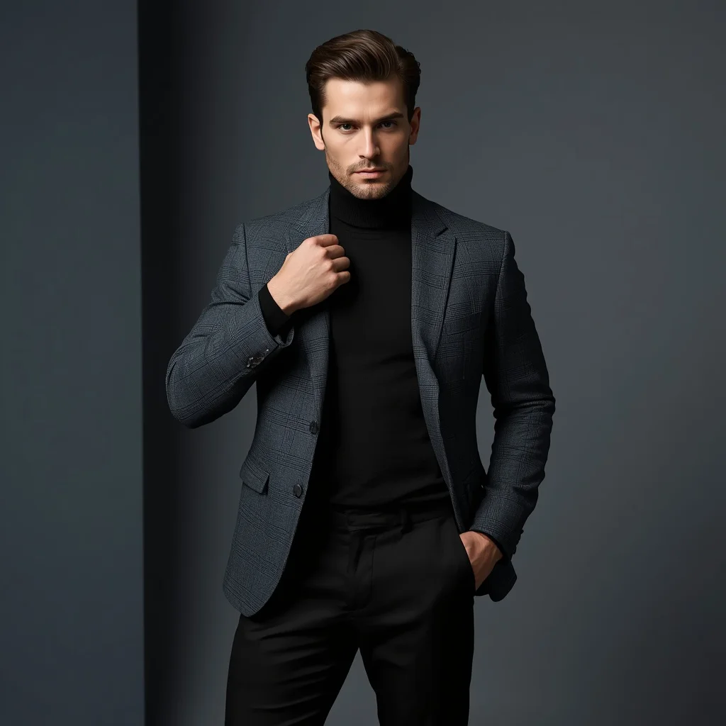 A handsome man in a black turtleneck and blazer