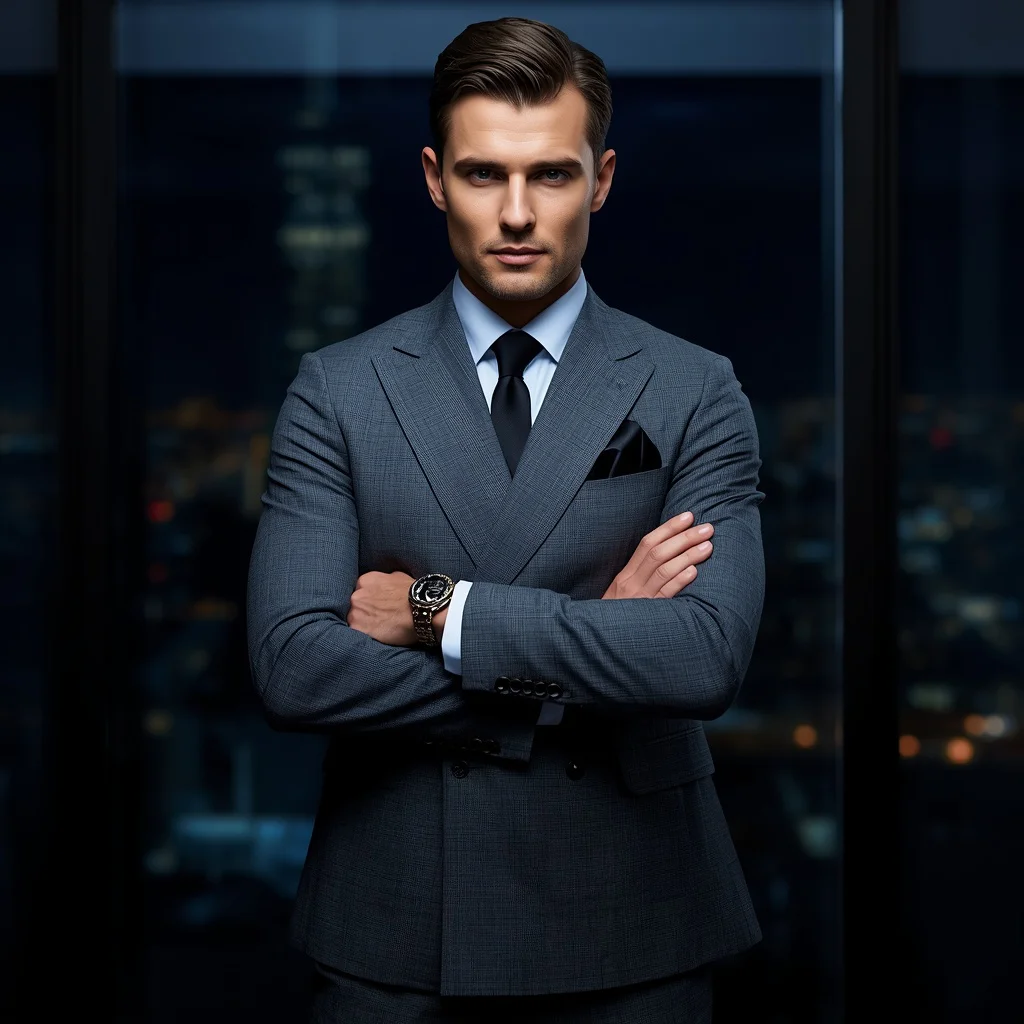A handsome man in a charcoal gray double-breasted suit