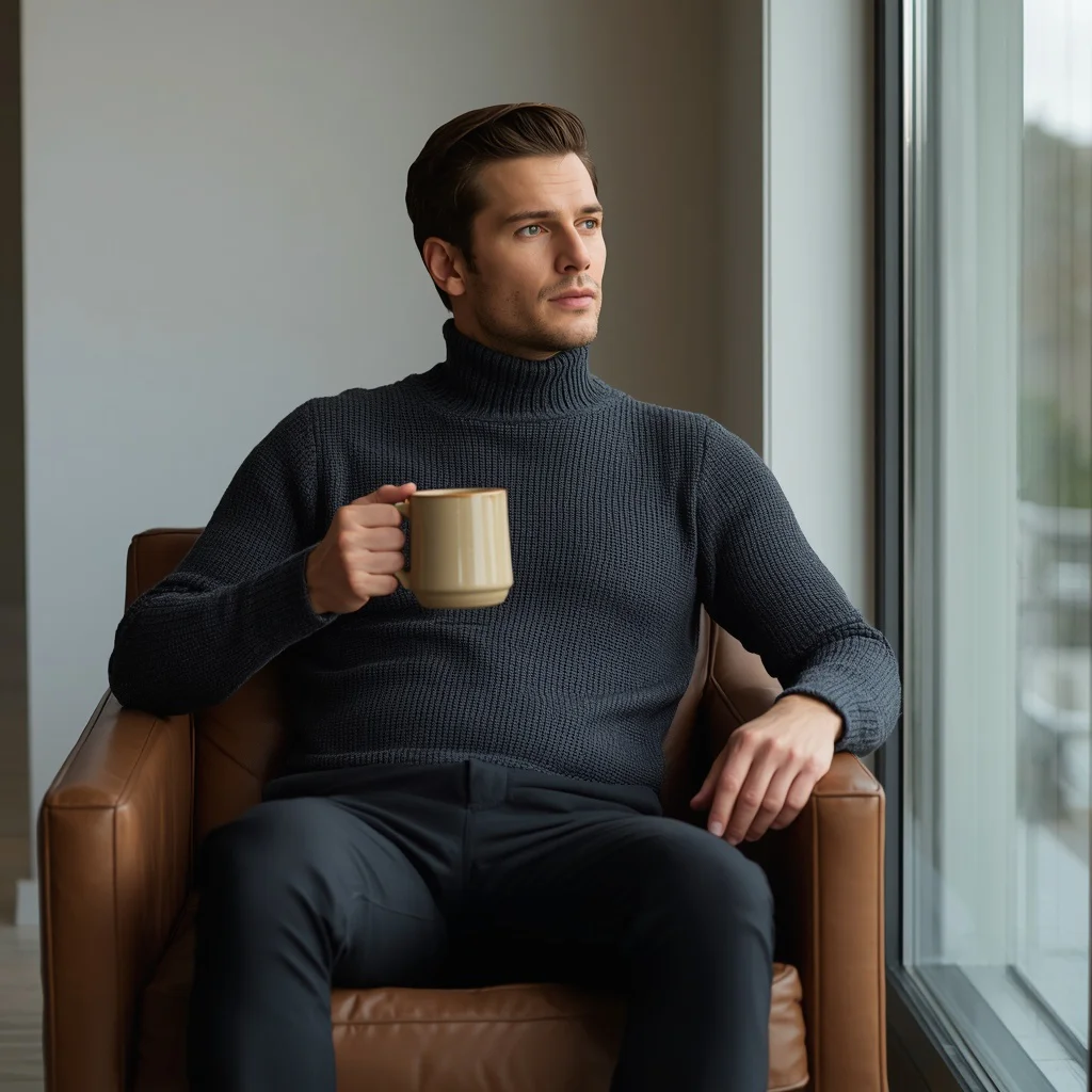 A handsome man in a charcoal knit turtleneck sweater