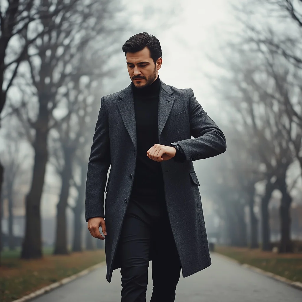 A handsome man in a charcoal wool overcoat