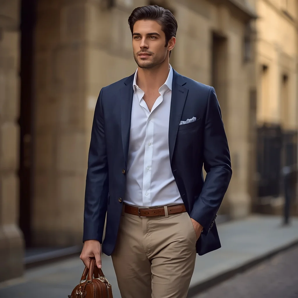 A handsome man in a classic navy blazer