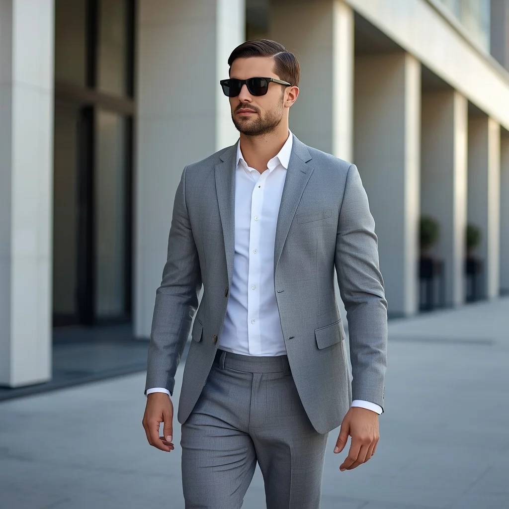A handsome man in a tailored light grey suit