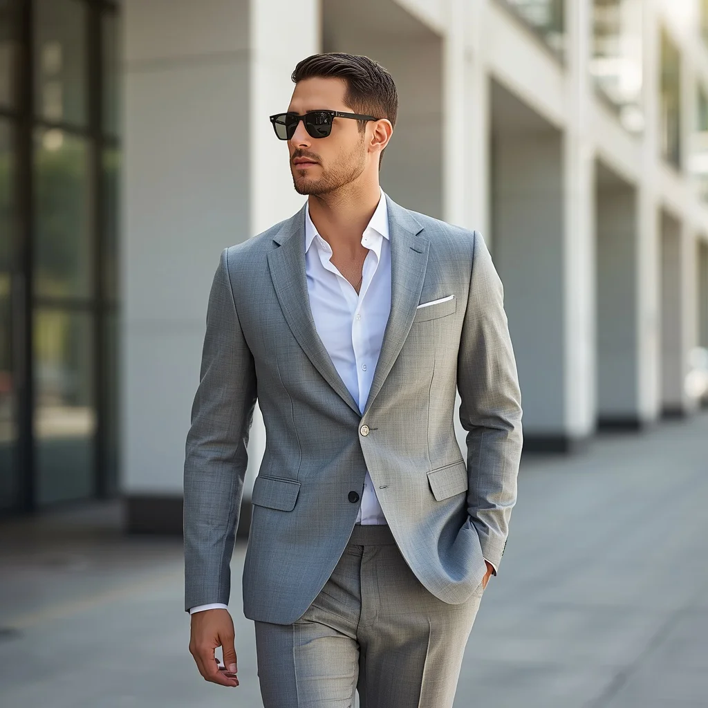A handsome man in a tailored light grey suit