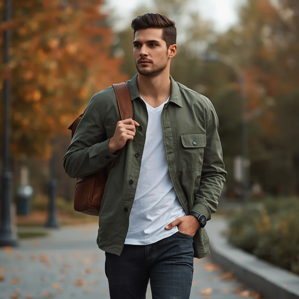 A handsome man in an olive green utility jacket
