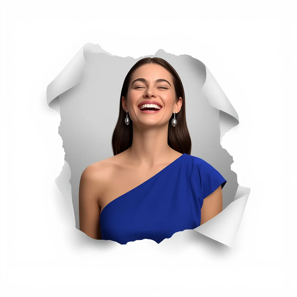 A Joyful Woman Laughing in a Stylish Royal Blue Cocktail Dress