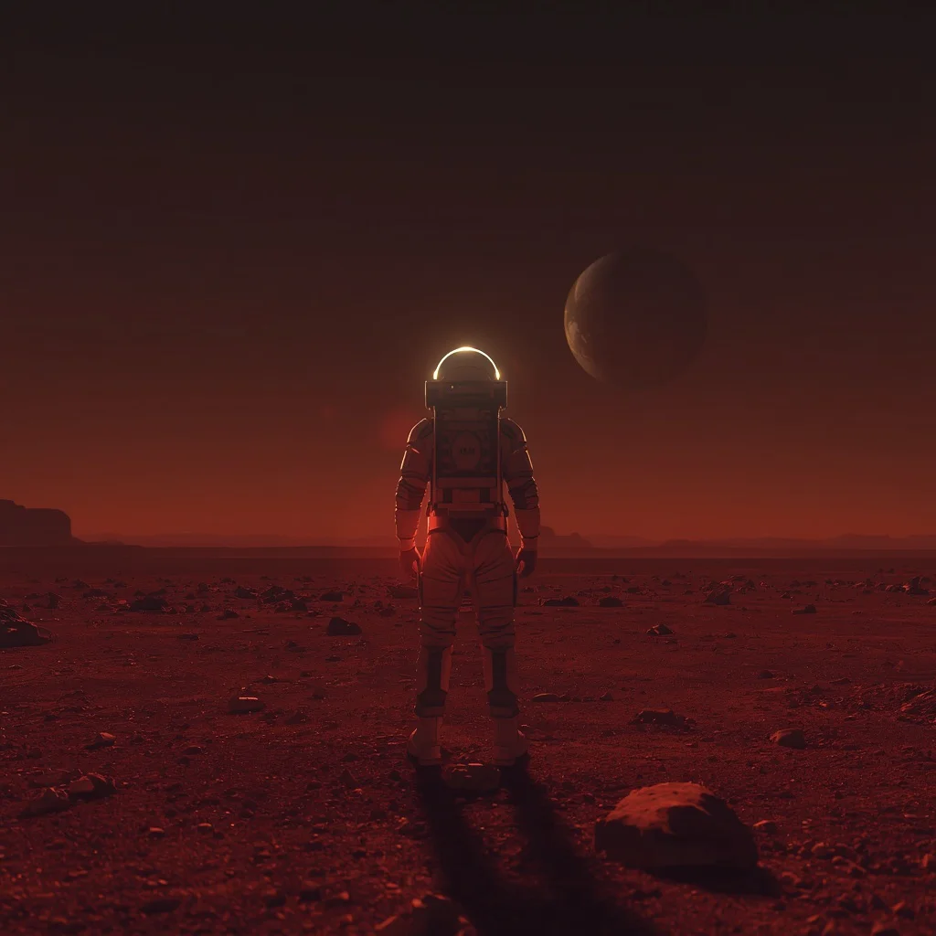 A Lone Astronaut’s Reflective Moment on a Martian Landscape