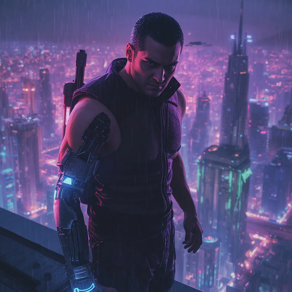 A Man’s Intense Focus as a Cybernetic Warrior in a Neon Cityscape | Traditional boy prompt ai photo