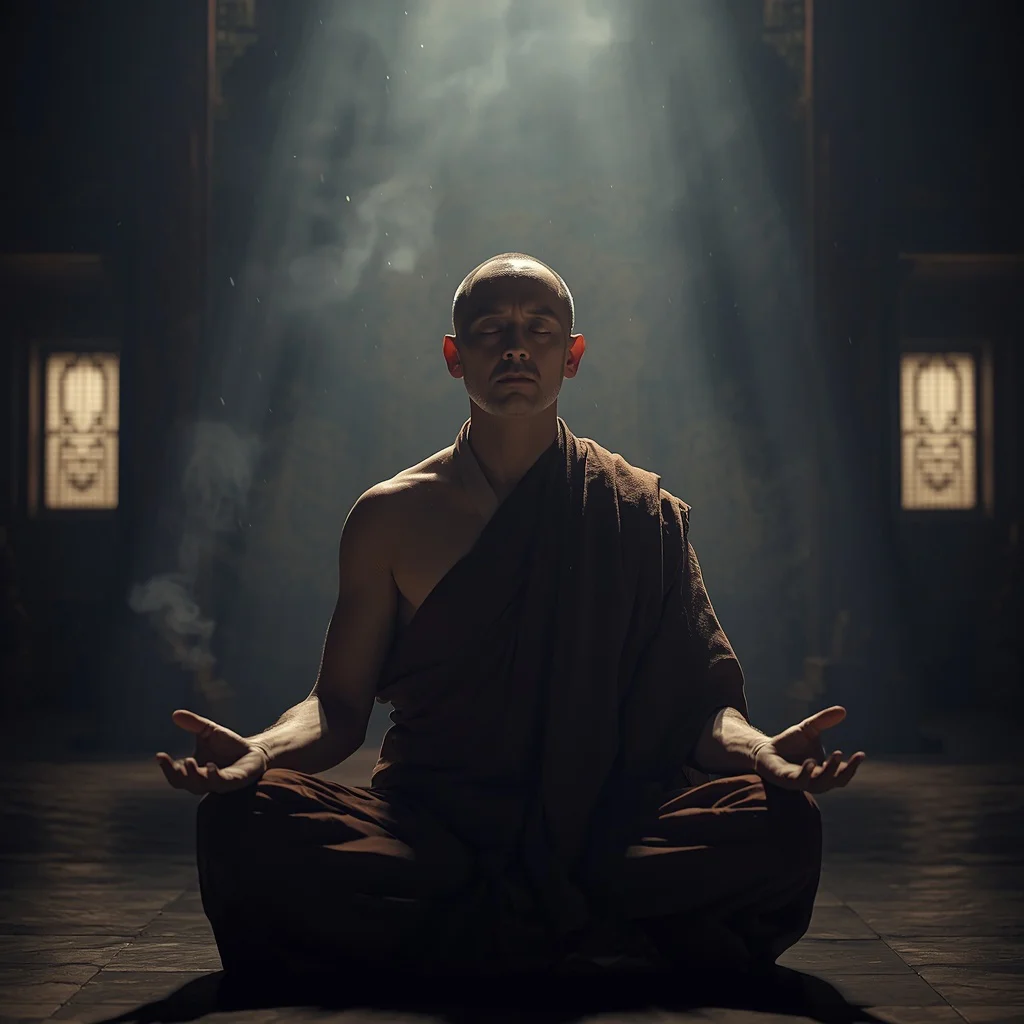 A Man’s Intense Focus as an Ancient Monk Meditating in a Temple