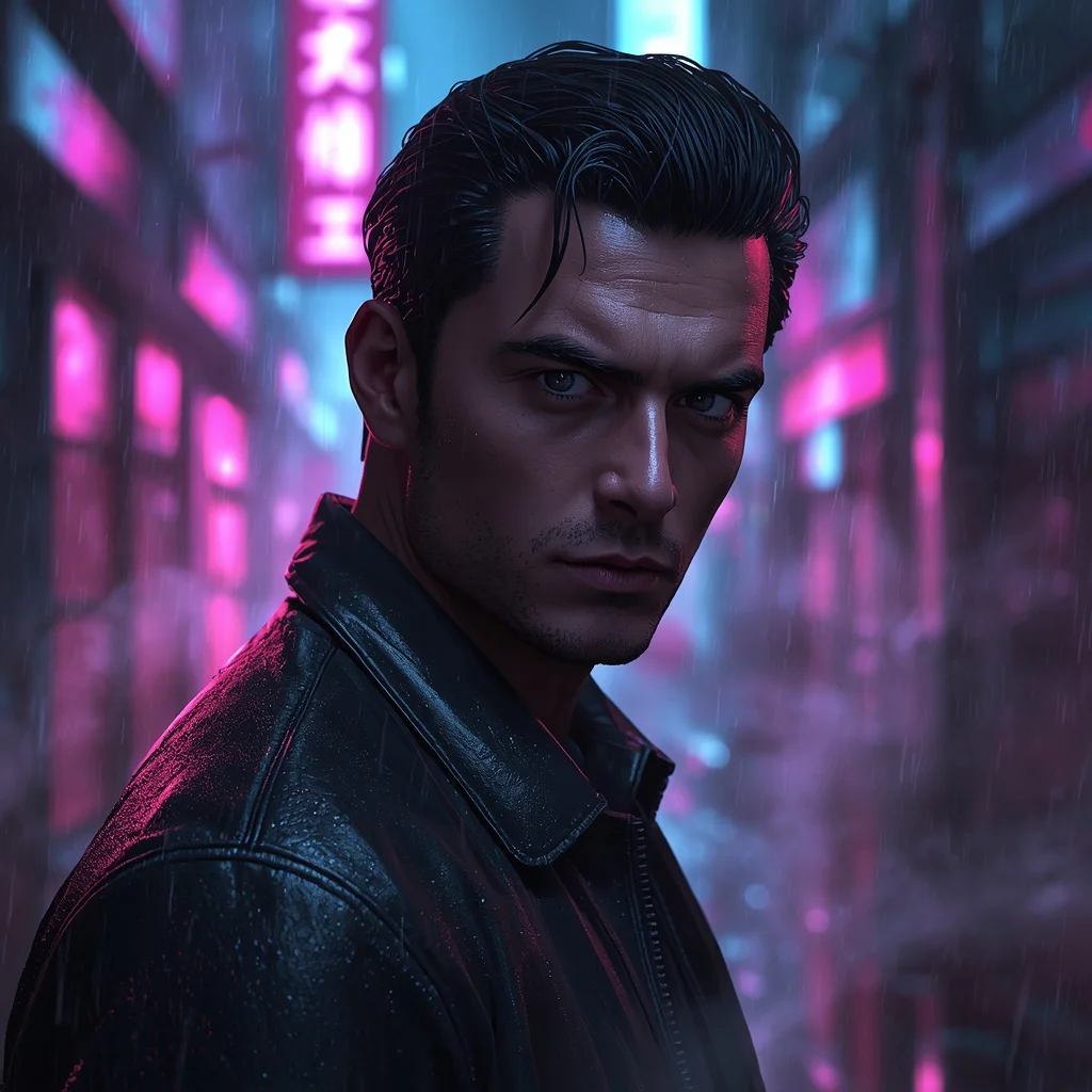 A Man’s Intense Gaze Reflected in a Neon-Lit Metropolis | fashion ai prompt