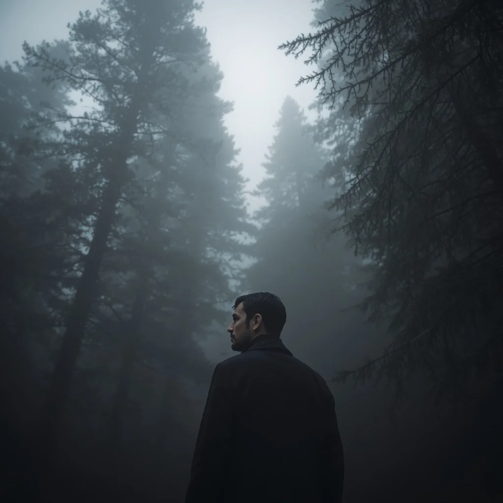 A Man’s Quiet Contemplation in a Fog-Shrouded Pine Forest