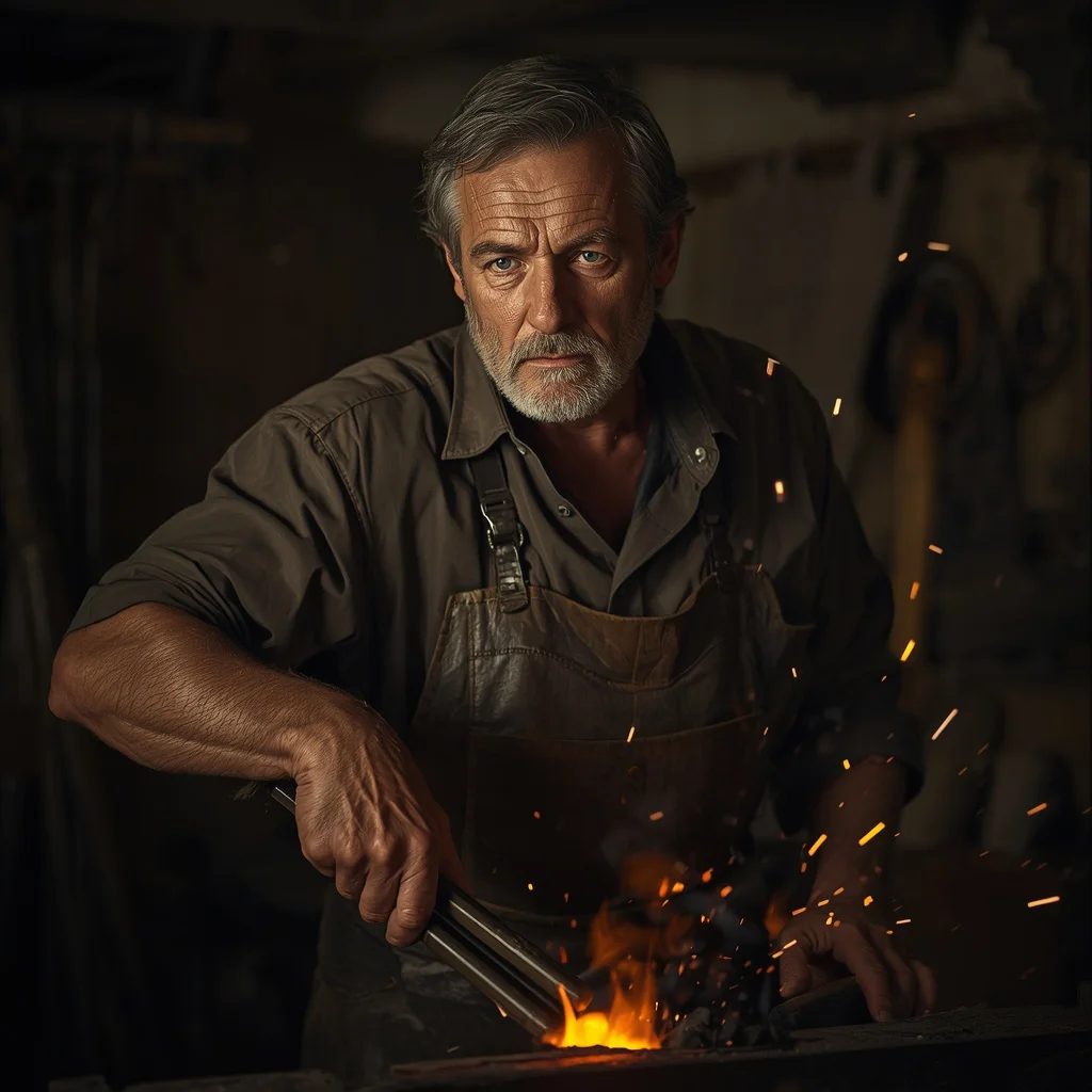 A Man’s Quiet Strength as an Old West Blacksmith in His Forge | aesthetic ai prompt