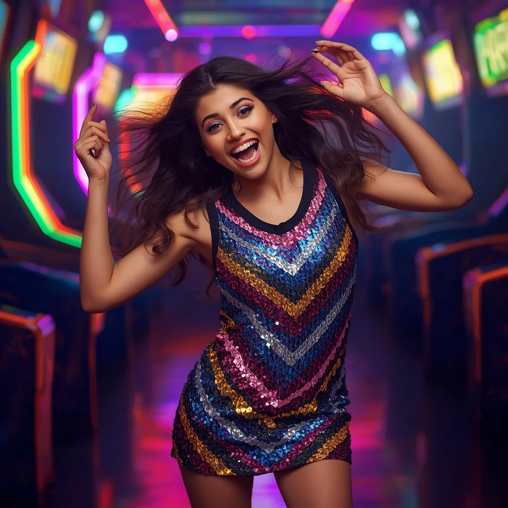 A Playful Girl in a Sequin Chevron Pattern Mini Dress | traditional Prompt