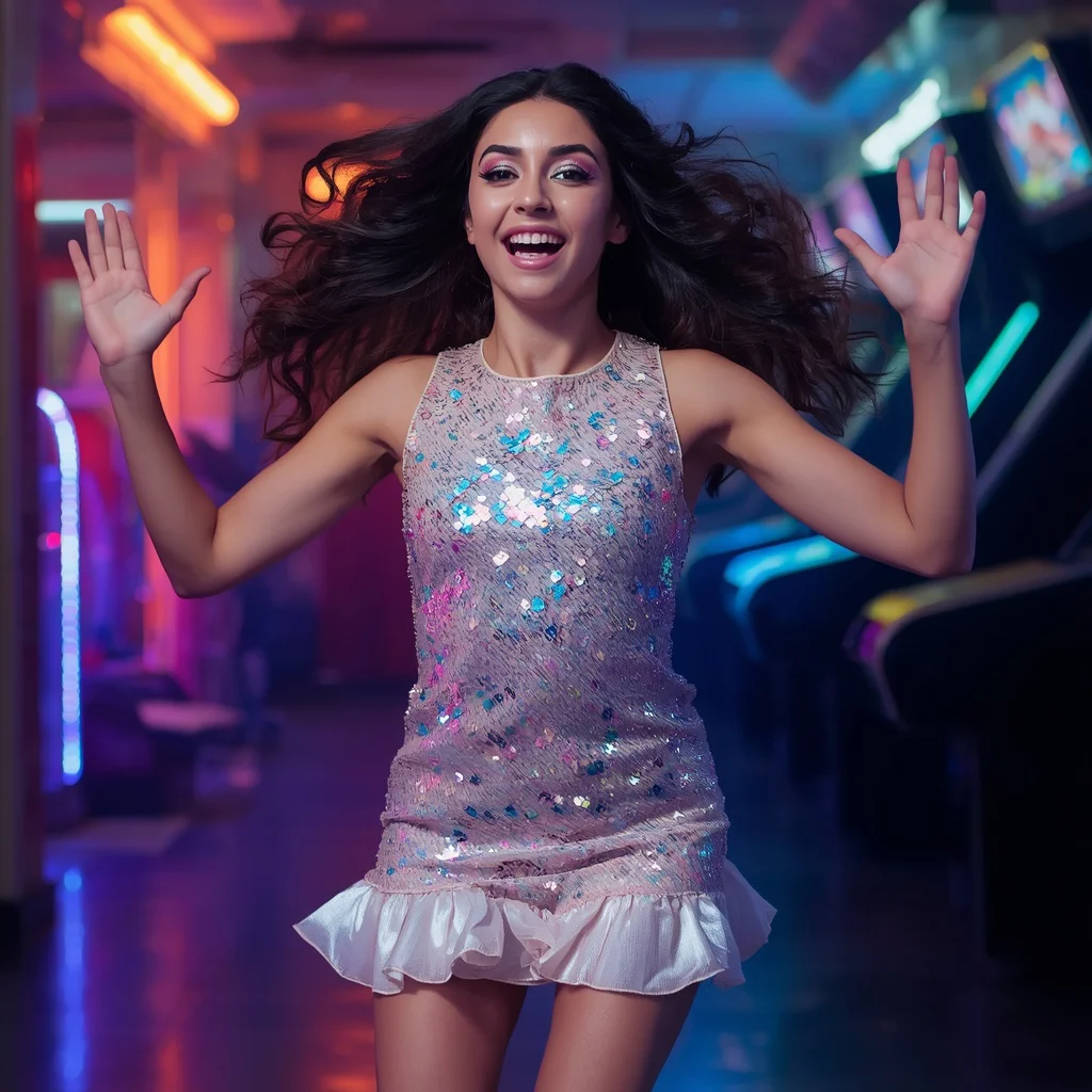 A Playful Girl in a Sequin Mini Dress with Ruffles | prompt for Gemini AI girl modern