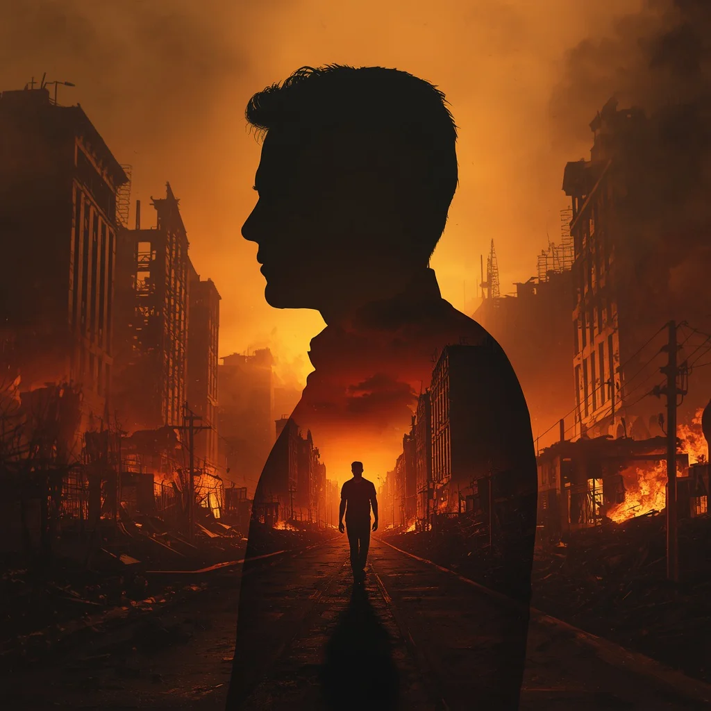 A Reflective Figure in a Post-Apocalyptic Urban Dystopia | Festive prompt
