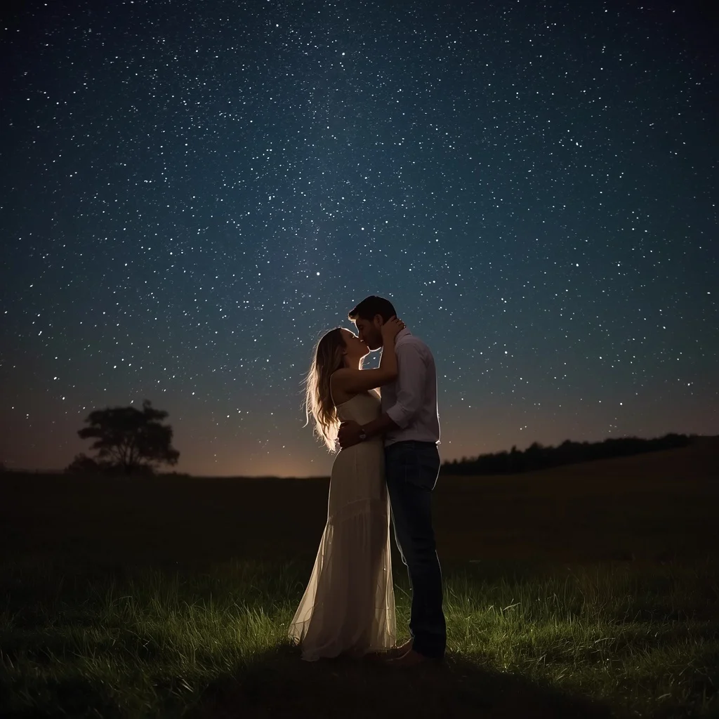 A romantic couple sharing a tender kiss under a starlit sky | free ai prompt