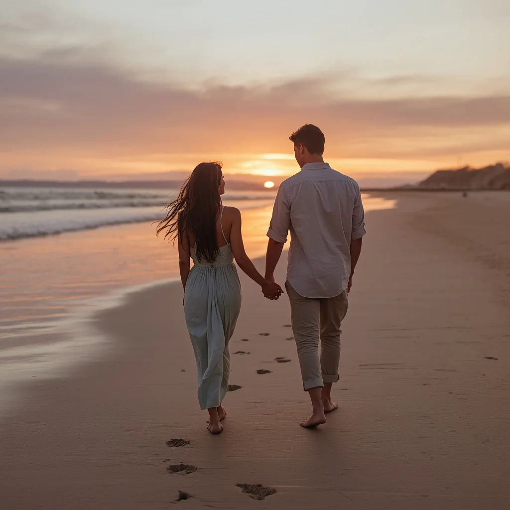 A romantic couple walking hand-in-hand along a secluded beach | Prompt seen couple photo Editing