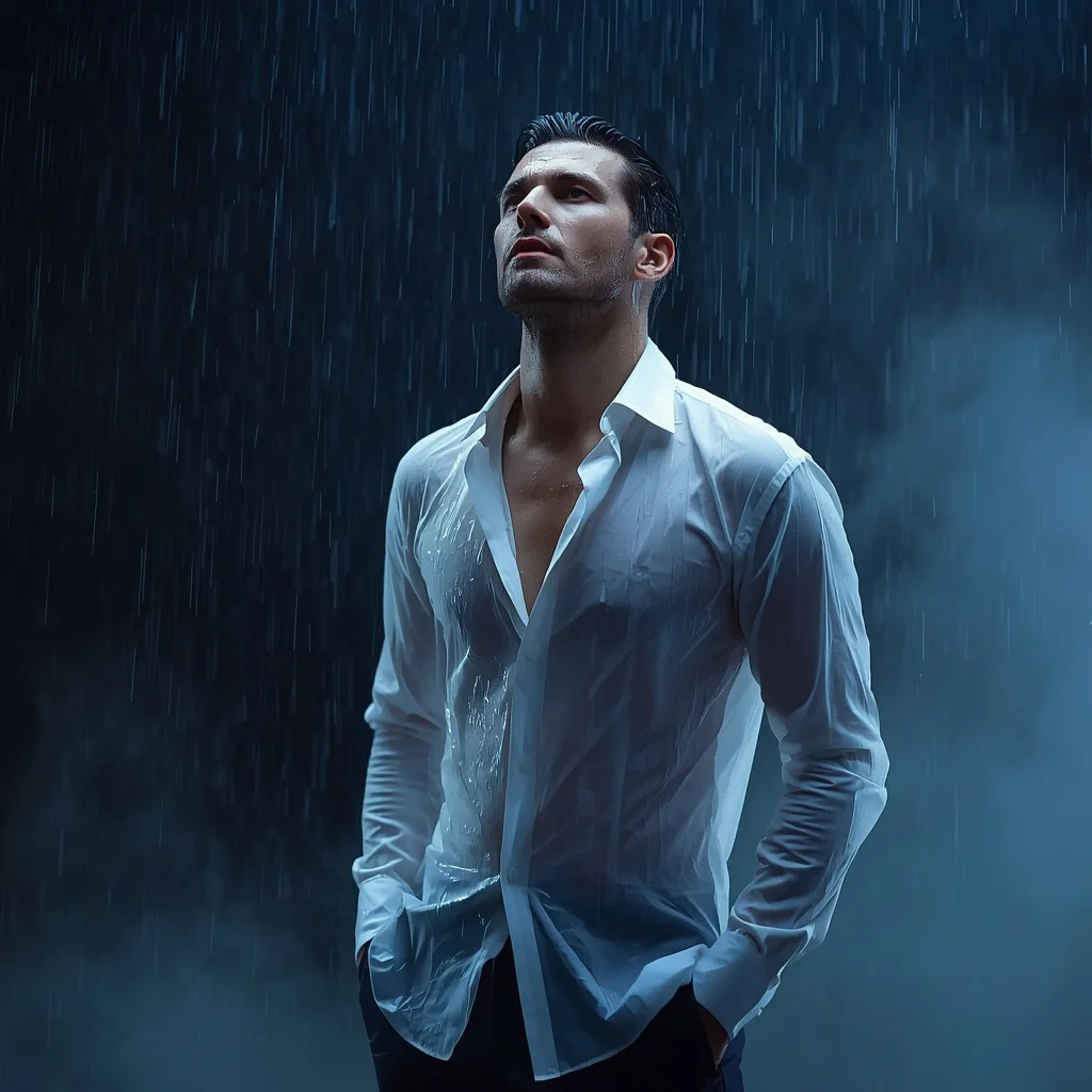 A Soaked Model’s Cinematic Expression in Dramatic Rainfall | Happy ai prompt