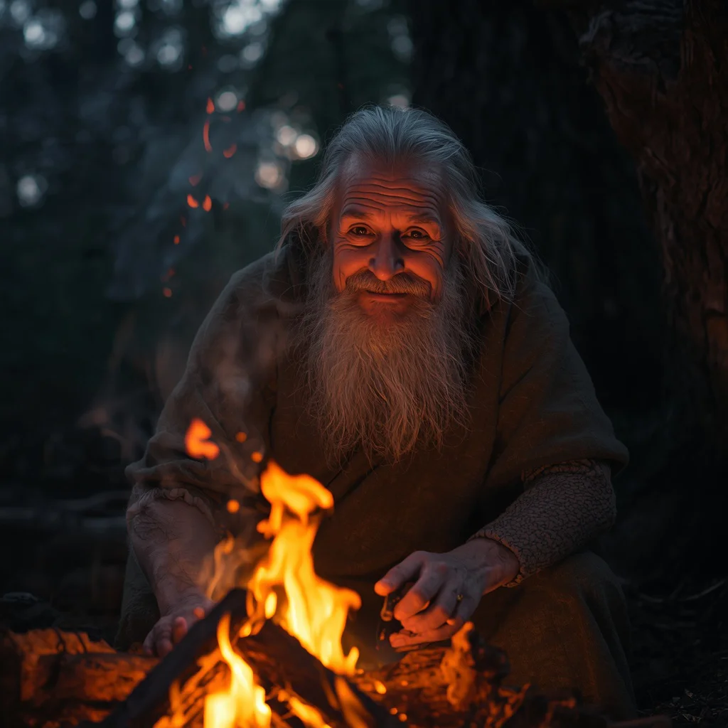 A Wise Old Man Storyteller by a Mystical Campfire Glow | Stylish boy prompt generator ai photo
