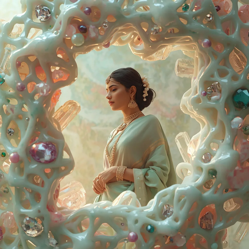 Amorphous Jade and Precious Stones Framing Pastel Saree | trending prompt in instagram ai photo