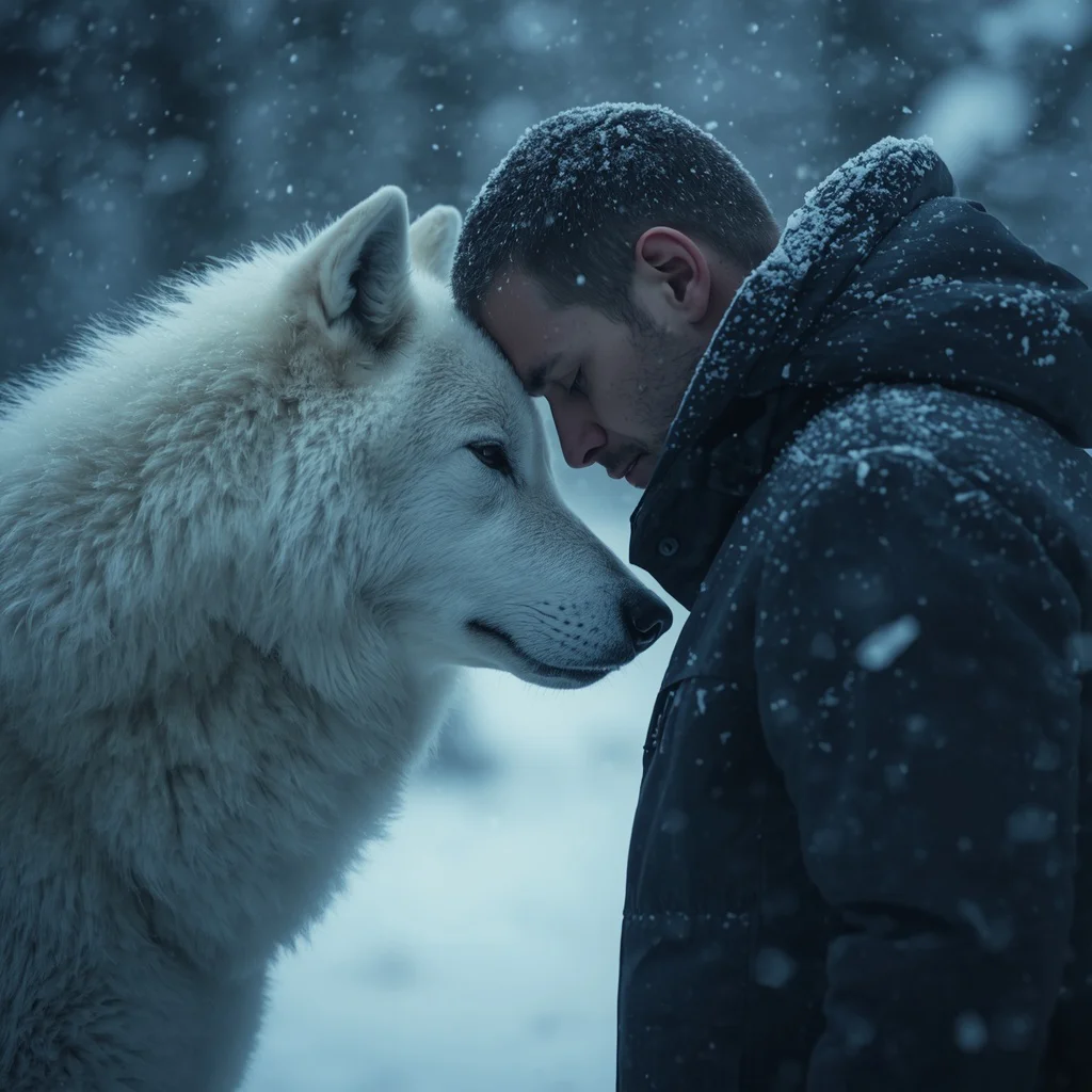 An Emotional Bond in a Snowy Forest with a White Wolf
