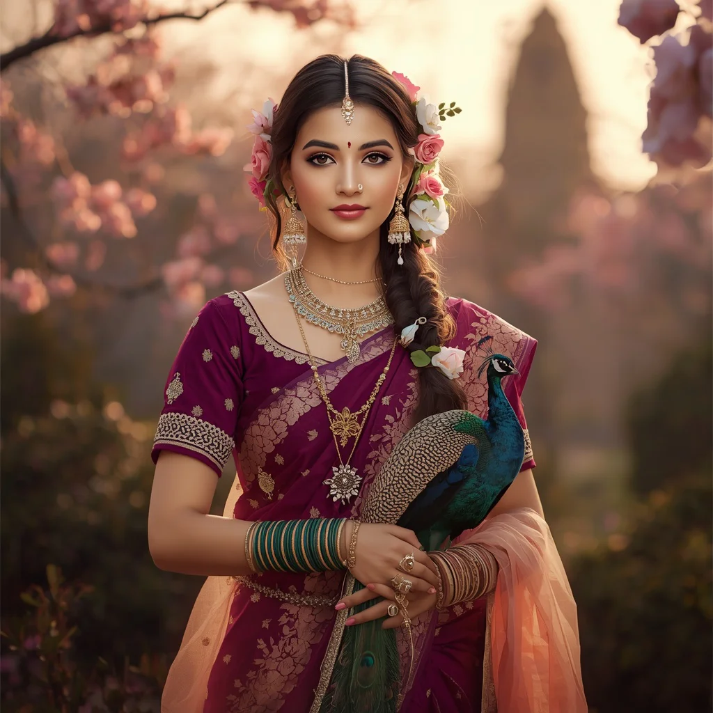 An Ultra-Photorealistic Portrait of Radha Rani with a Peacock | Trending purple saree prompt today
