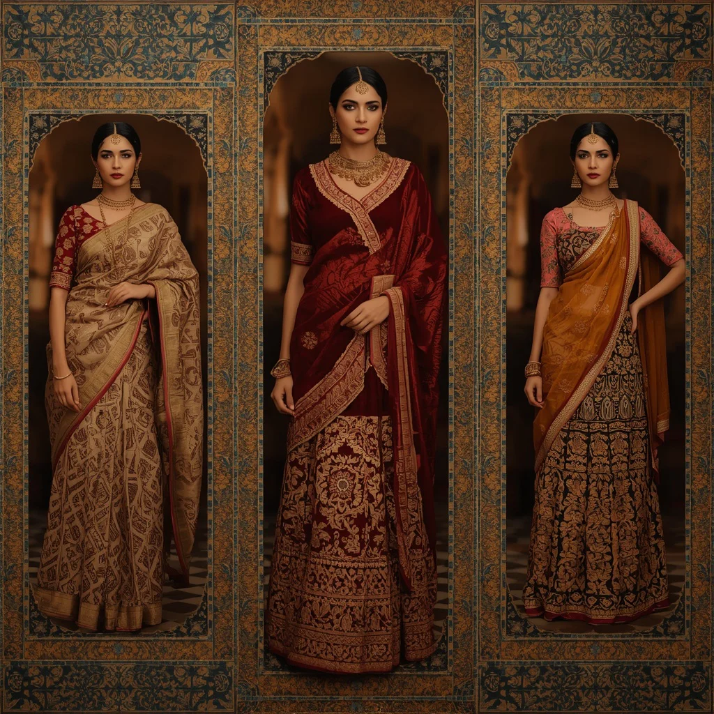 Ancient Mosaic Tile Collage: Indian Woman in Richly Patterned Silks