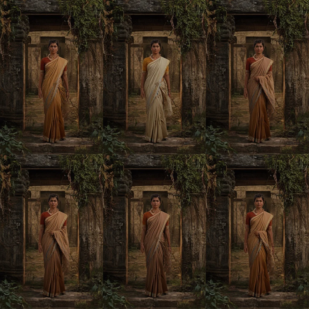Ancient Temple Ruins Collage: Indian Woman in Earthy Toned Saree