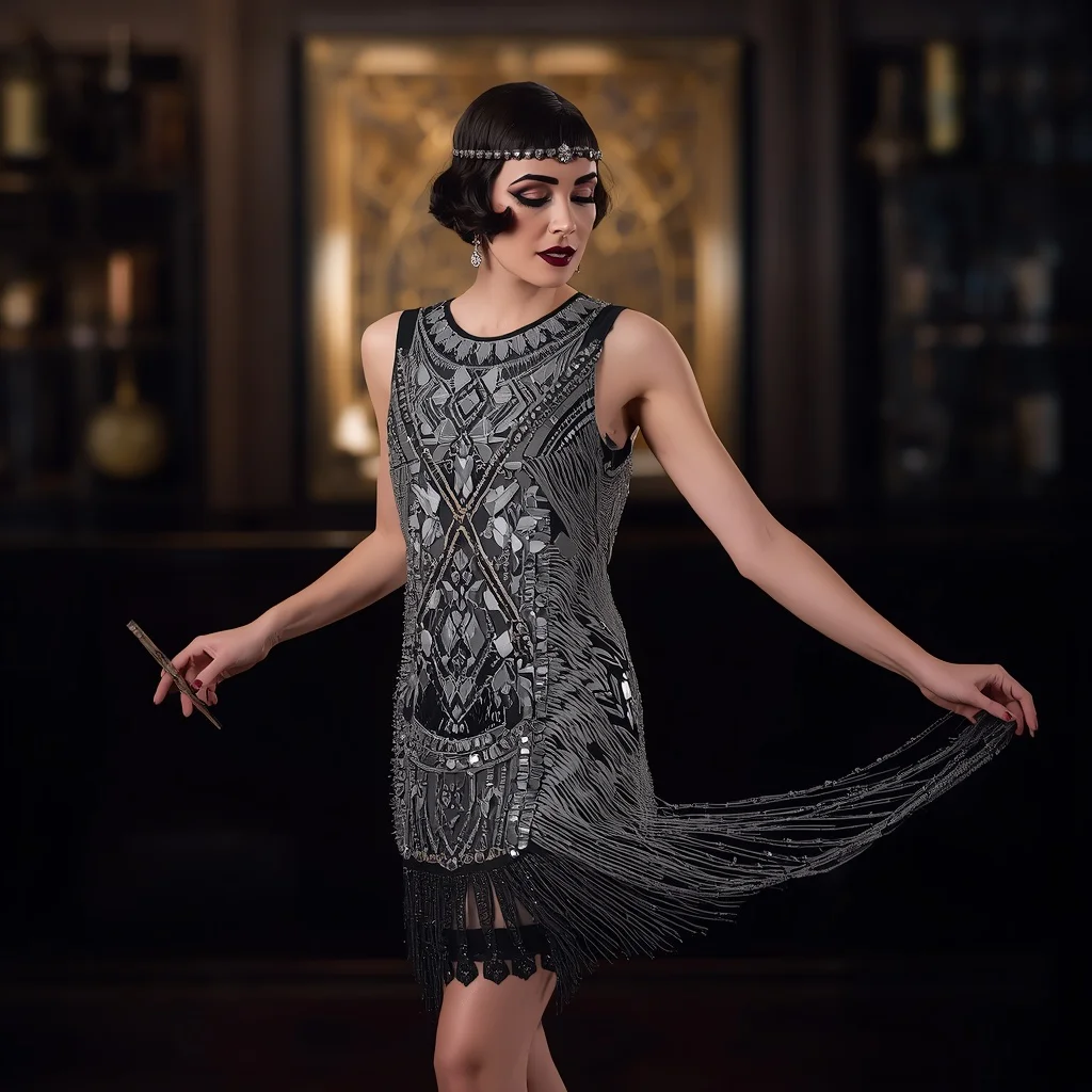 Art Deco Influenced Elegance in a Beaded Flapper Dress | Chatgpt photo editing styles for girl