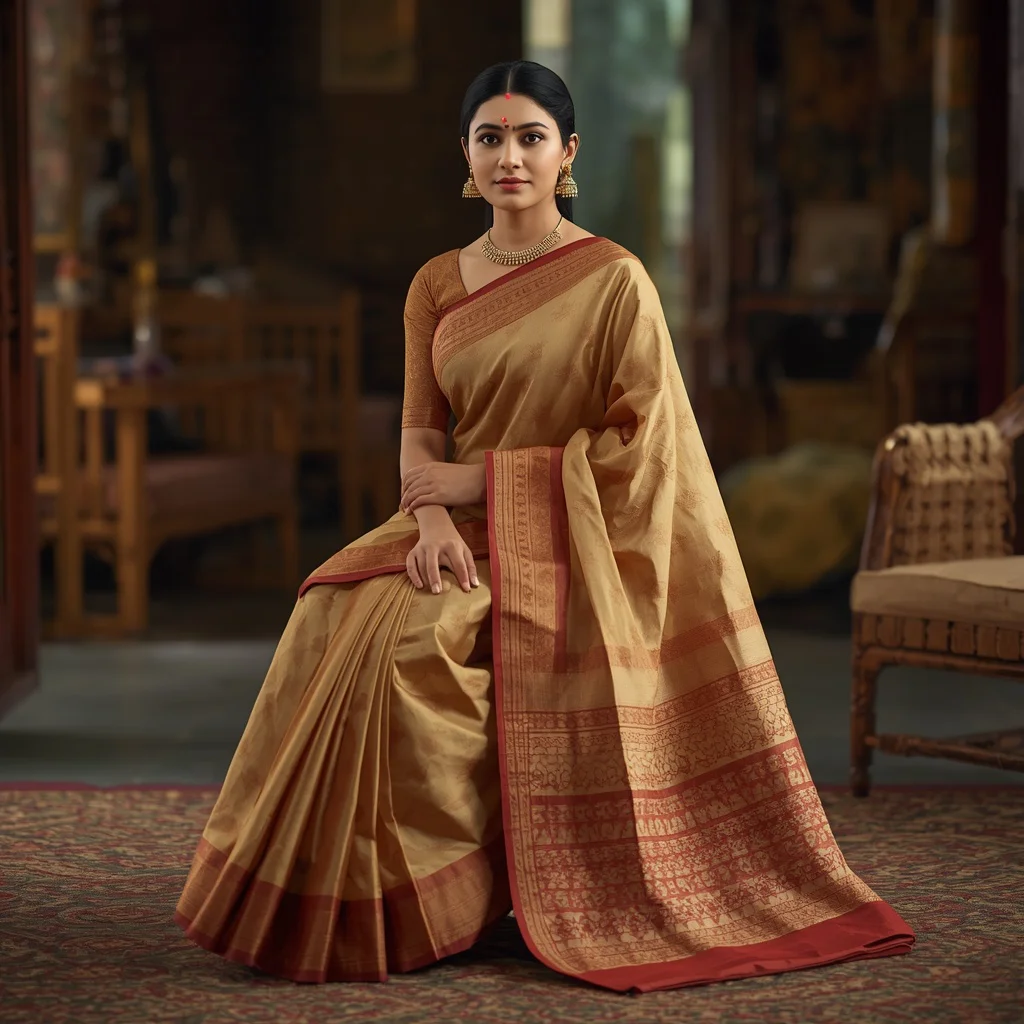 Assamese Muga Silk Saree in a Traditional Home Interior | new prompt chatgpt
