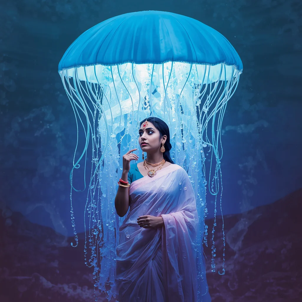Bioluminescent Jellyfish Umbrella Framing Pastel Saree Elegance | instagram prompt for girls in saree