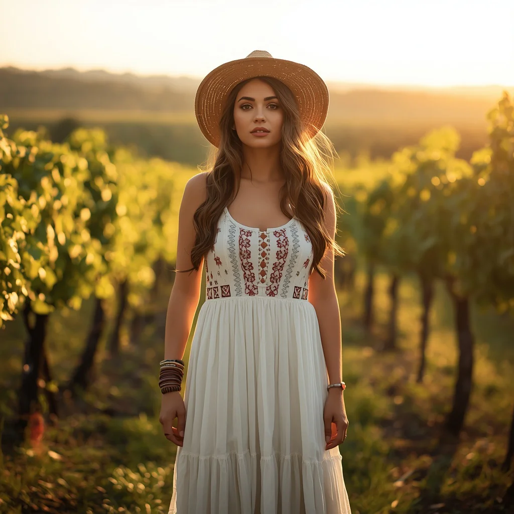 Bohemian Embroidered White Maxi Dress in a Sunny Vineyard | New instagram trend prompt for girl and boy