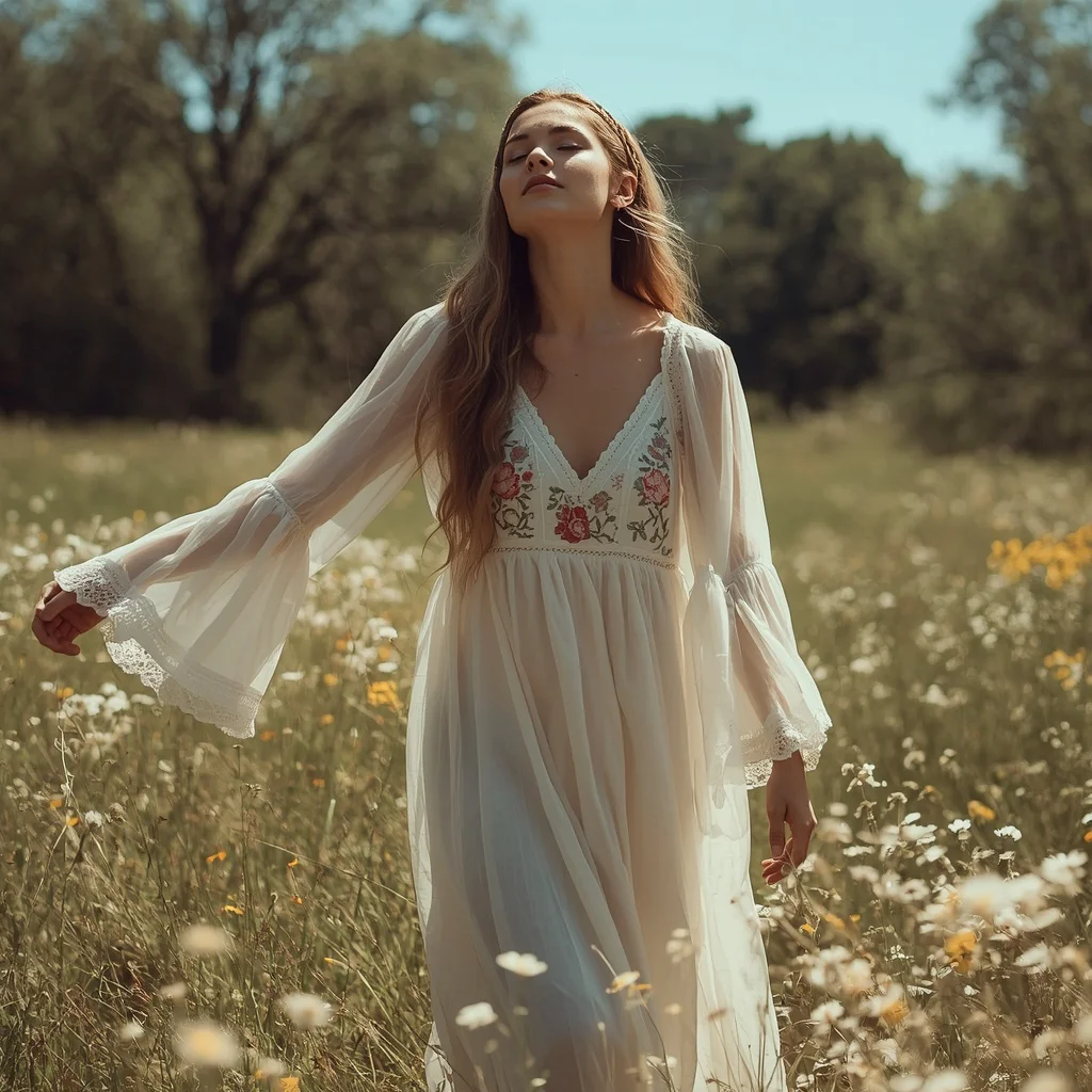 Bohemian Rhapsody: The Embroidered Off-White Maxi Dress | Prompt for Gemini AI girl style trending Instagram