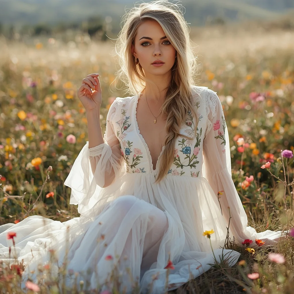 Boho Forest Princess: The White Embroidered Tulle Maxi Dress | beautiful woman ai prompt