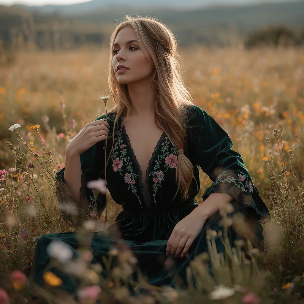 Boho Forest Spirit: The Floral Print Velvet Maxi Dress | Prompt for Gemini AI girl