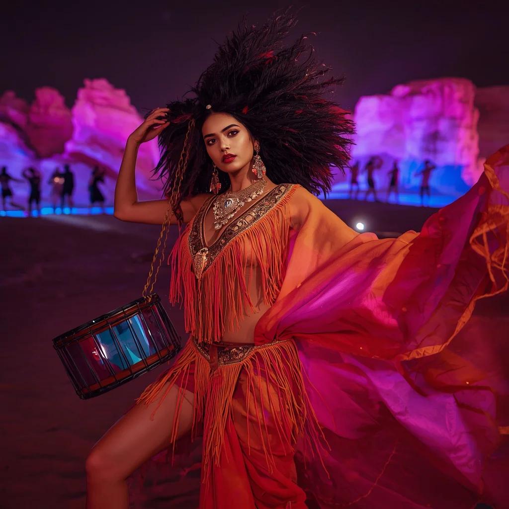 Boho Fusion Saree with Fringed Blouse at a Sunset Desert Rave | prompt seen girl lehenga