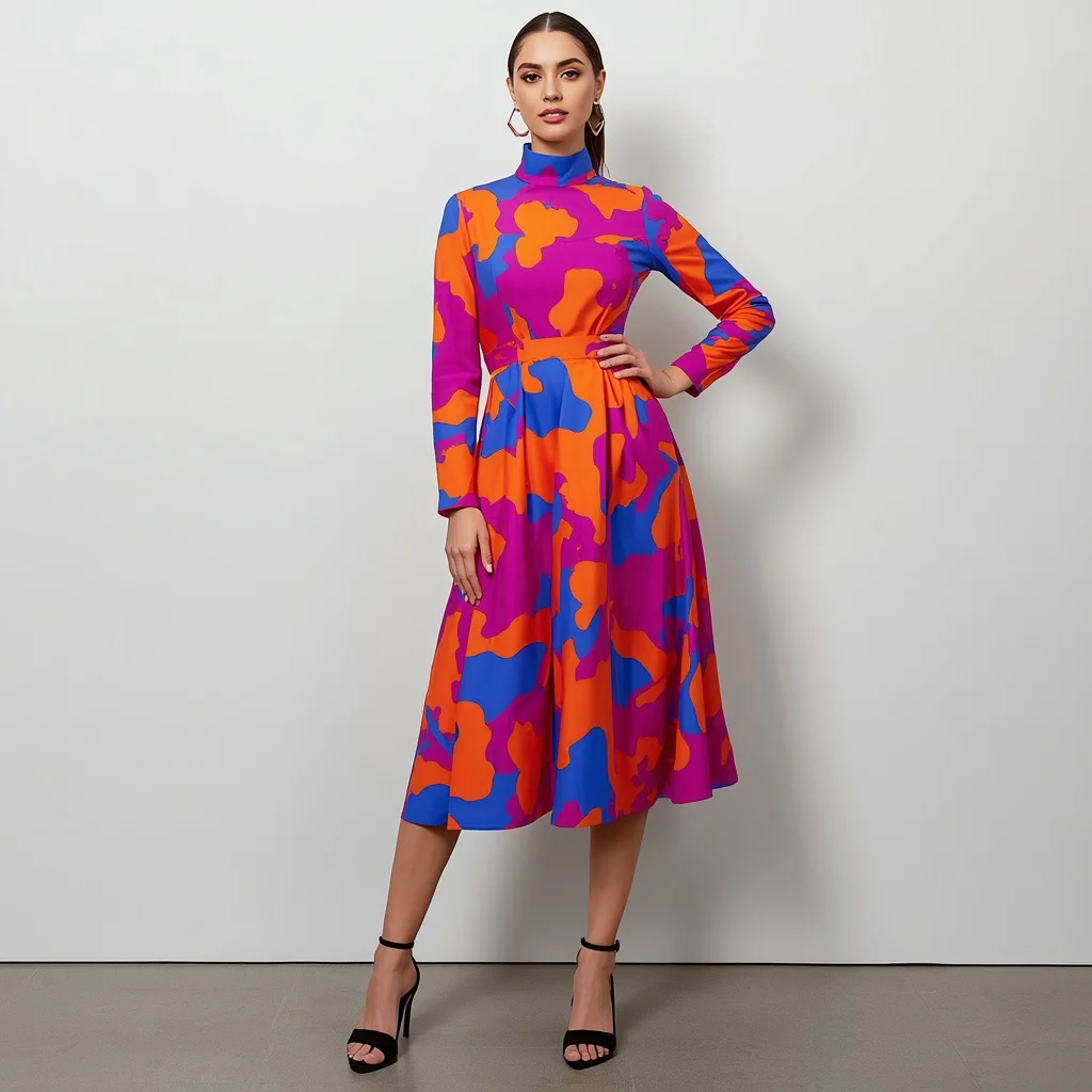 Bold Abstract Print Midi Dress for an Art Gala | Prompt seen trending girl Instagram