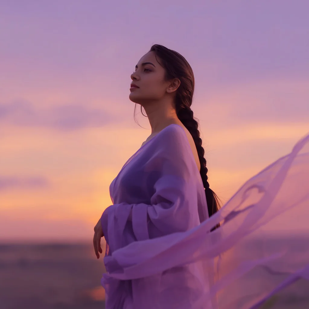 Captivating Profile in a Flowing Pastel Lilac Saree | prompt for girls college online