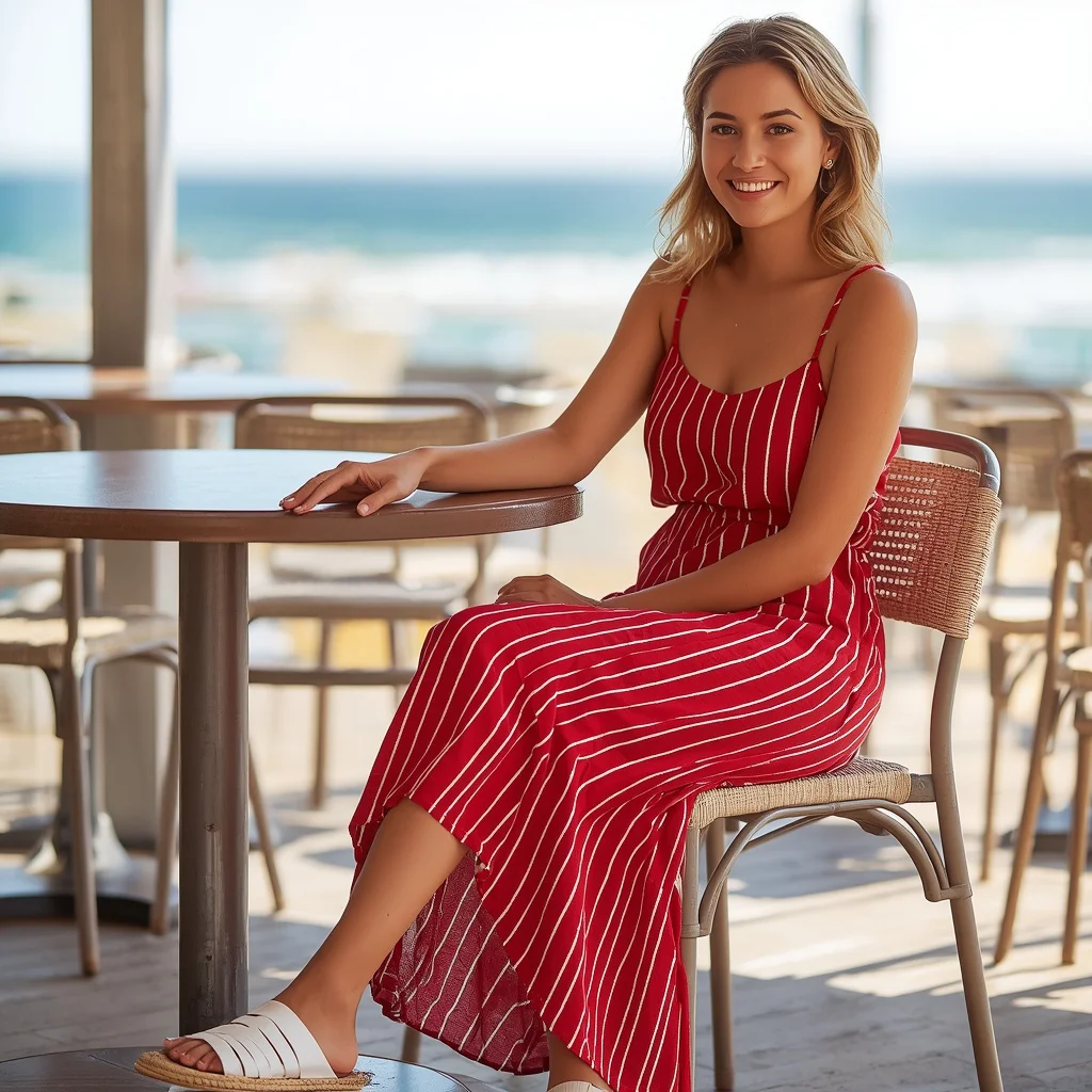 Casual Red Striped Maxi Dress with White Sandals | instagram profile pic ai prompt