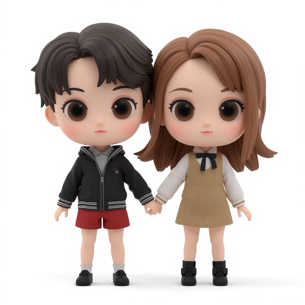 Chibi Love: Hyper-Stylized 3D Dolls Holding Hands | Romantic couple AI prompt Indian