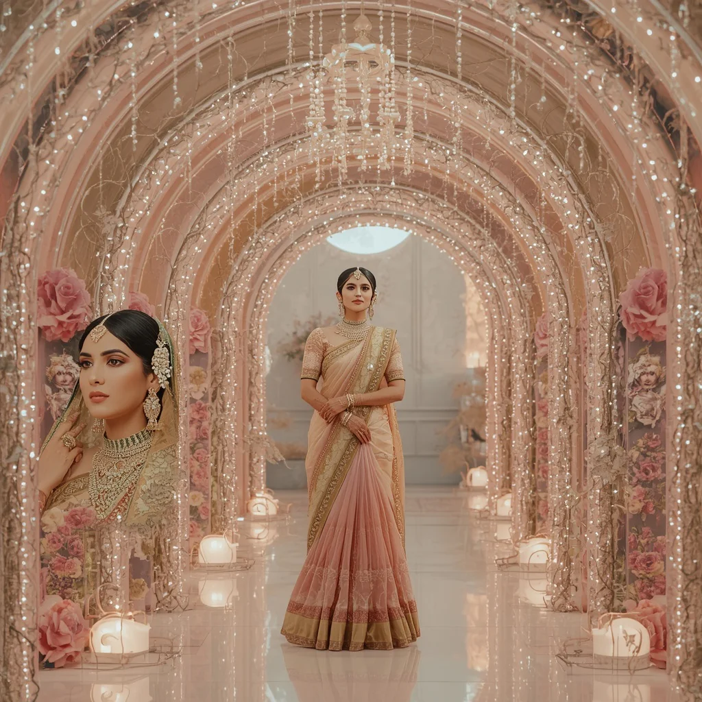 Cinematic Couture Collage: Indian Woman in Moonlit Pearl Garden Hall