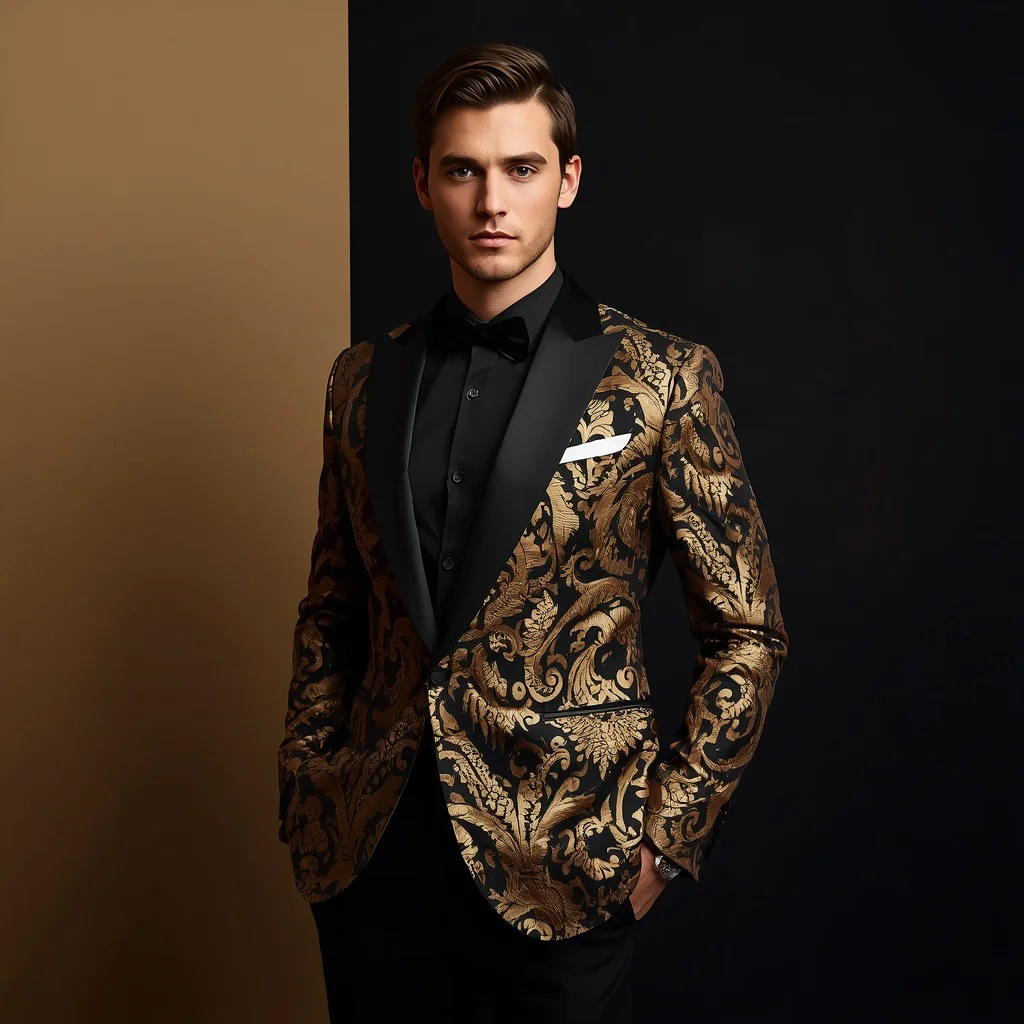 Cinematic Studio Shot Elegant Brocade Dinner Jacket Suit | Prompt seen trending boy Instagram
