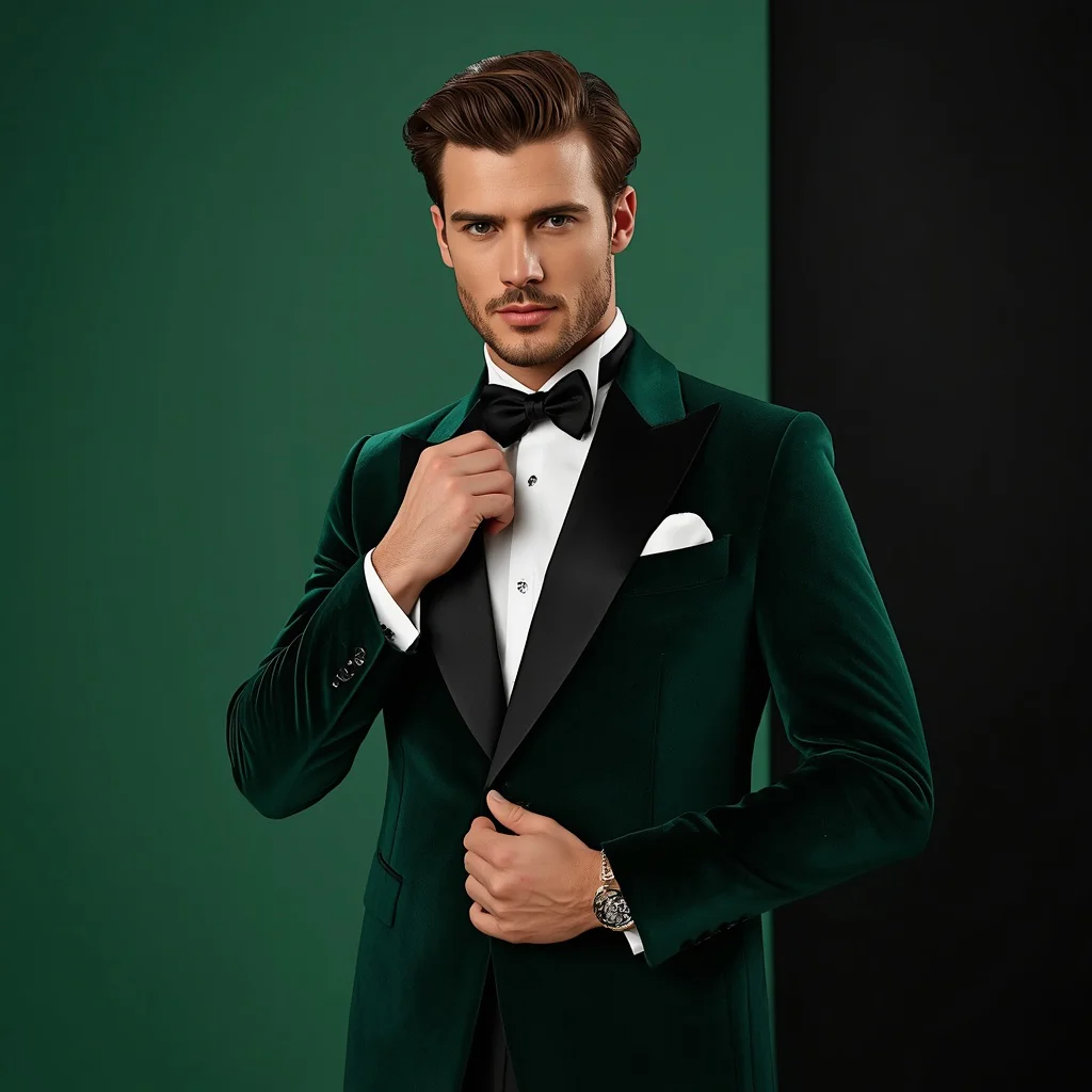 Cinematic Studio Shot Emerald Velvet Tuxedo Blazer Jacket | Prompt for Gemini boy style trending