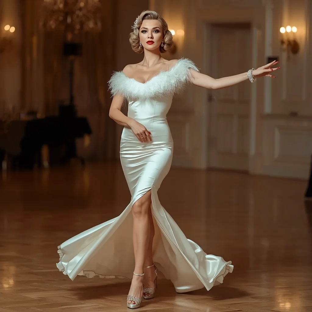 Classic Hollywood Enchantment: A Woman in a White Silk Gown with Feather Details | prompt image
